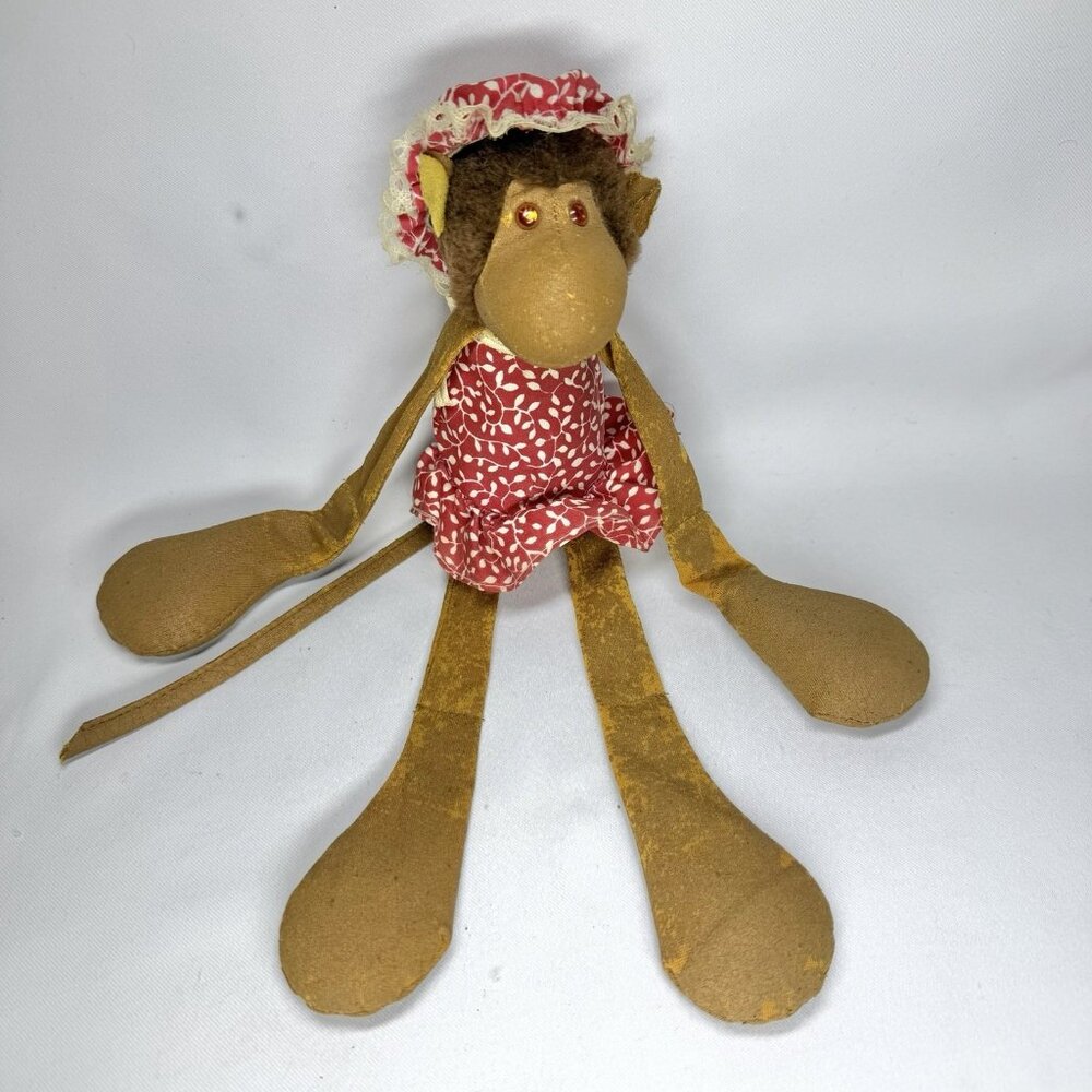 Vintage Kamar Monkey Do Plush Handmade Korea Long Arm 12” Outfit Feather Leather